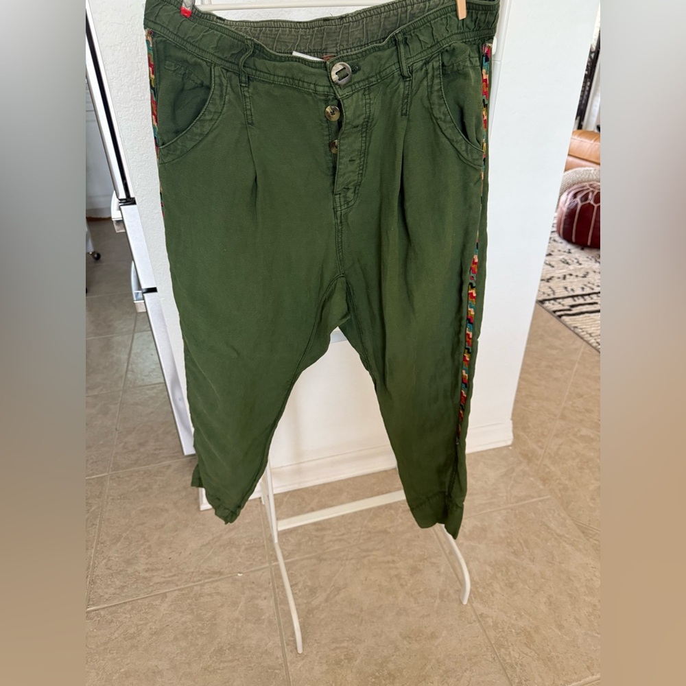 Last Call Before Donating: Free People Green Cropped Pants with Colorful Trim